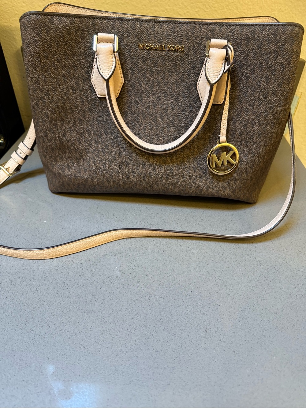 Michael Kors Brown Monogram Satchel with Beige Trim